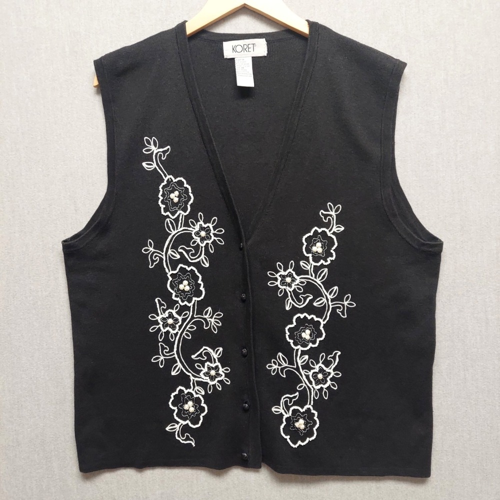 Vtg 90s Floral Embroidered‎ Knit Vest Womens M Beaded Grannycore Cottagecore